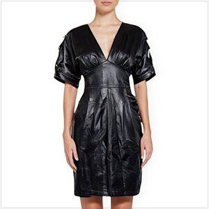 Hugo Boss 100% Leather Lambskin Black Empire Waist Buckles Pockets Dress XS